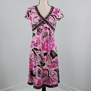 Tahari Arthur S.‎ Levine Abstract Floral Print Pink Brown Dress | Women 6 Petite
